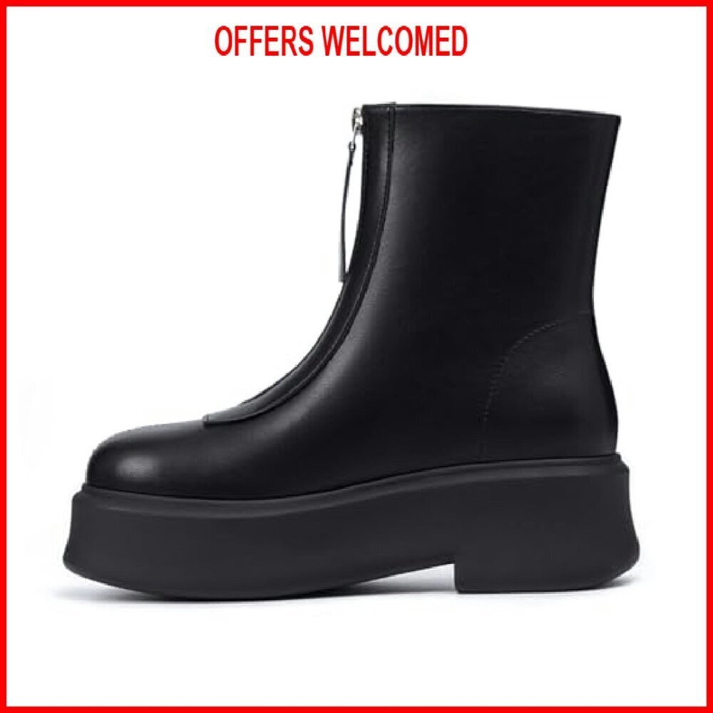 Platform Ankle Boots Round Toe Chunky Heel Front Zipper Comfortable - Picture 3 of 8